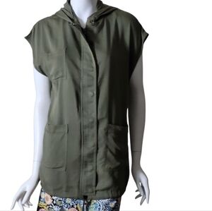 Hoodie Utility Vest Jacket Olive Green Pockets Lightweight Full Zip Size S